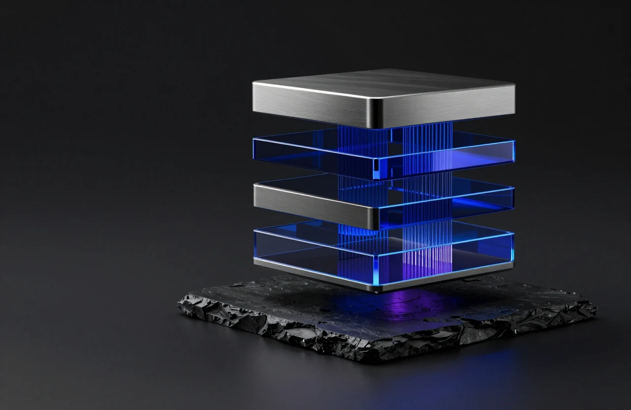 Precision-built titanium and blue glass layers, a visual metaphor for custom software architecture